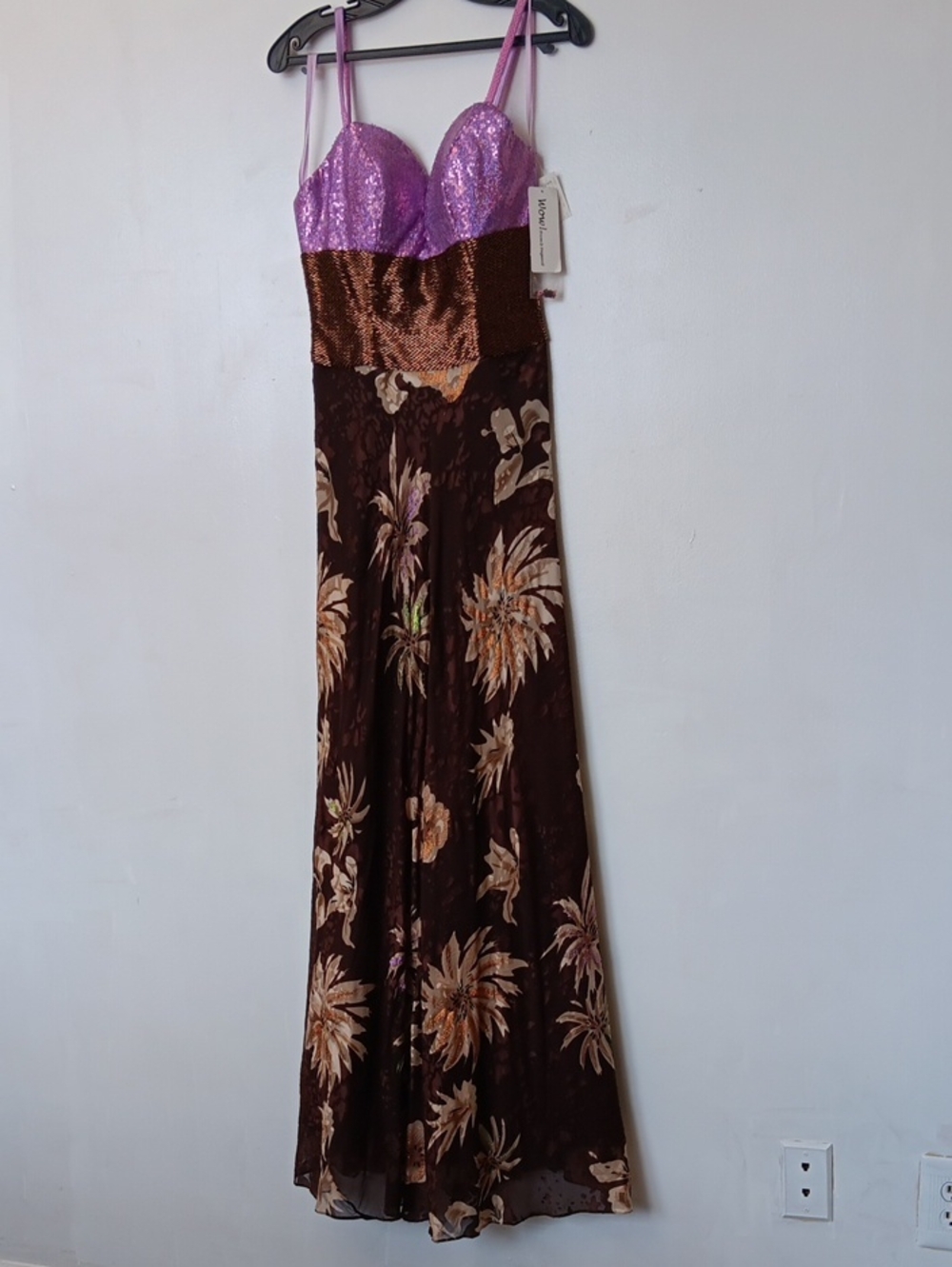 Vintage Sequin Bodice Floral Maxi Dress in Purple and Brown